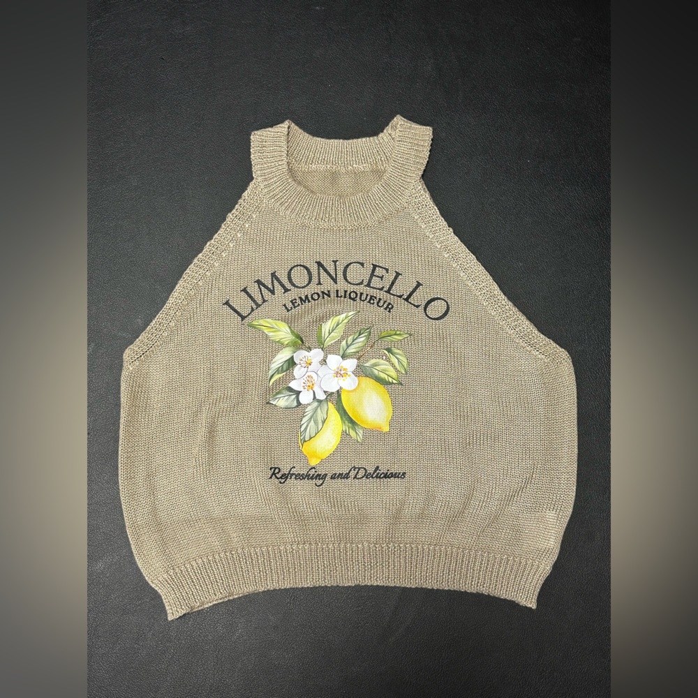 Limoncello Graphic Knit Tank Top - Beige with Yellow Lemon Print